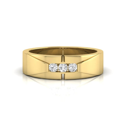 Round channel set lab grown diamond three stone ring with yellow gold metal tone and modern geometric design.