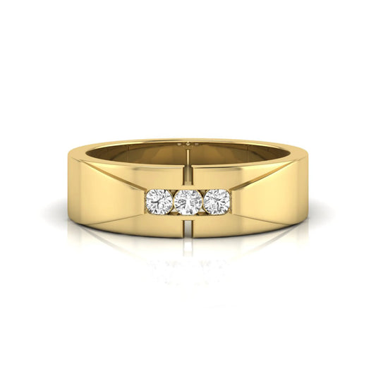 Round channel set lab grown diamond three stone ring with yellow gold metal tone and modern geometric design.