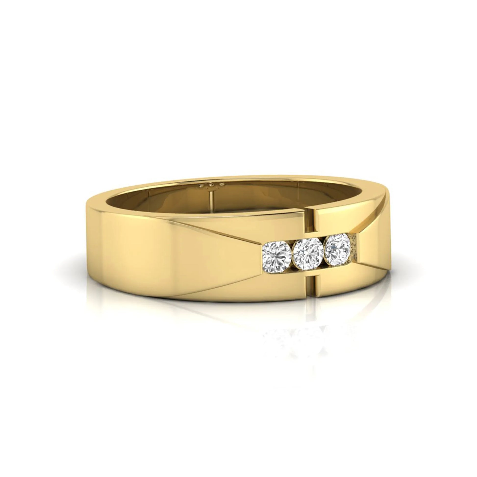 Round channel set lab grown diamond three stone ring with yellow gold metal tone and modern geometric design.