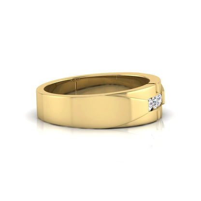 Round channel set lab grown diamond three stone ring with yellow gold metal tone and modern geometric design.