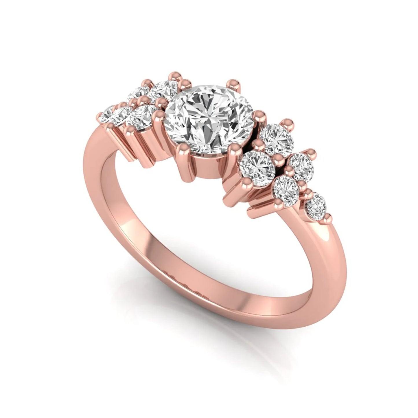 Round cut lab grown diamond engagement ring featuring a brilliant center diamond with floral-inspired round diamond cluster side accents in a classic prong setting in rose gold