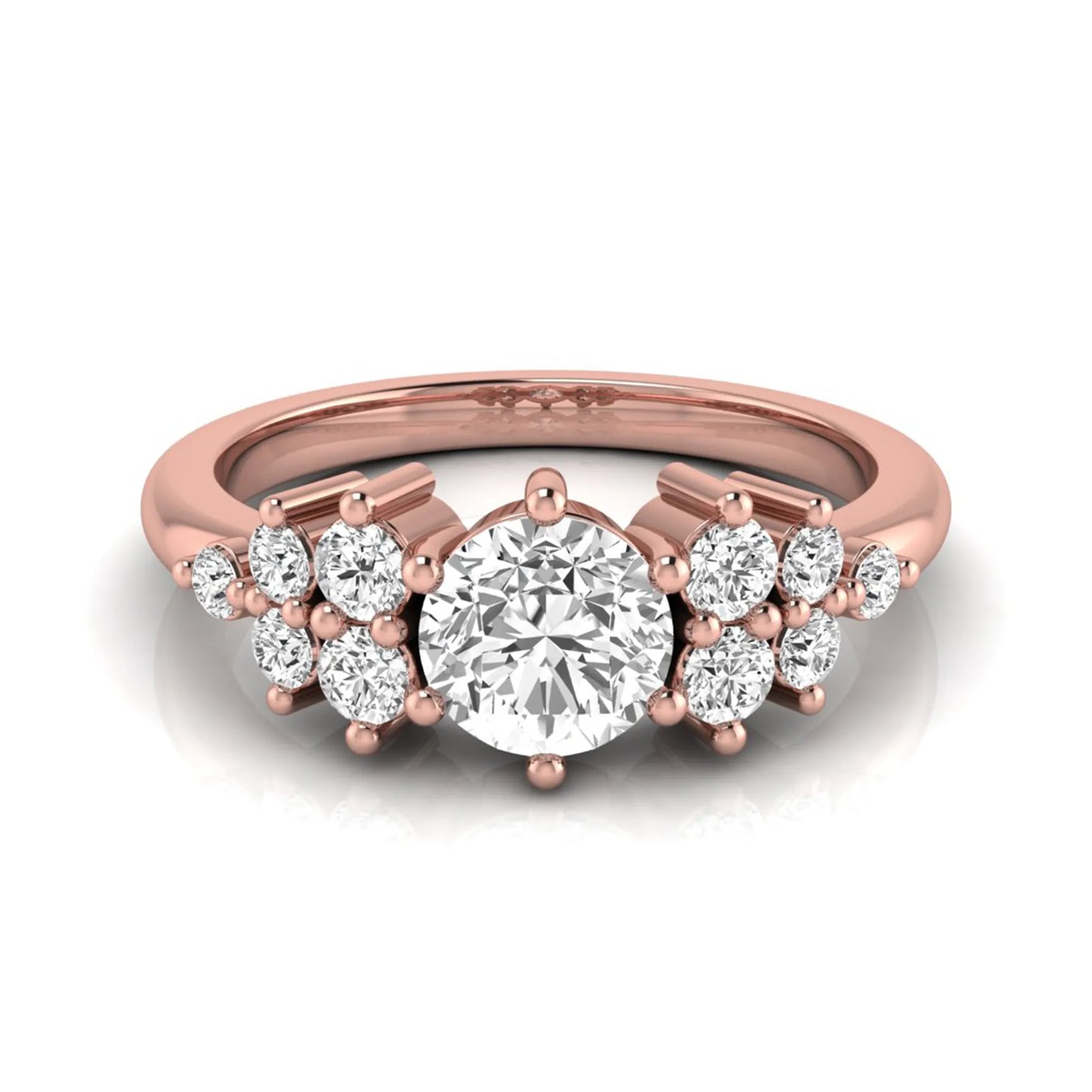 Round cut lab grown diamond engagement ring featuring a brilliant center diamond with floral-inspired round diamond cluster side accents in a classic prong setting in rose gold
