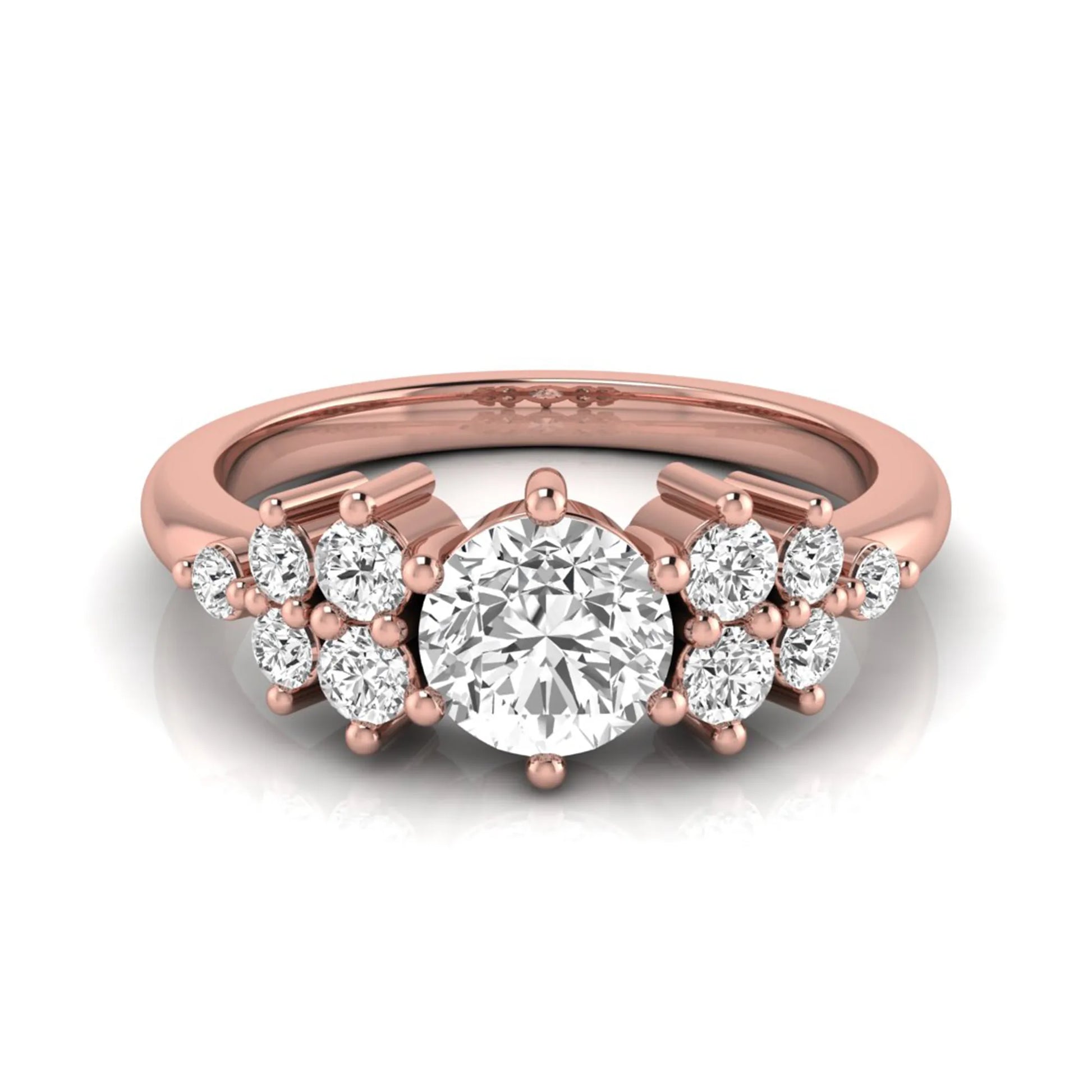 Round cut lab grown diamond engagement ring featuring a brilliant center diamond with floral-inspired round diamond cluster side accents in a classic prong setting in rose gold