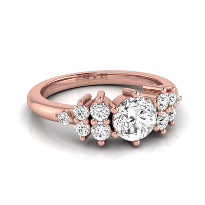 Round cut lab grown diamond engagement ring featuring a brilliant center diamond with floral-inspired round diamond cluster side accents in a classic prong setting in rose gold