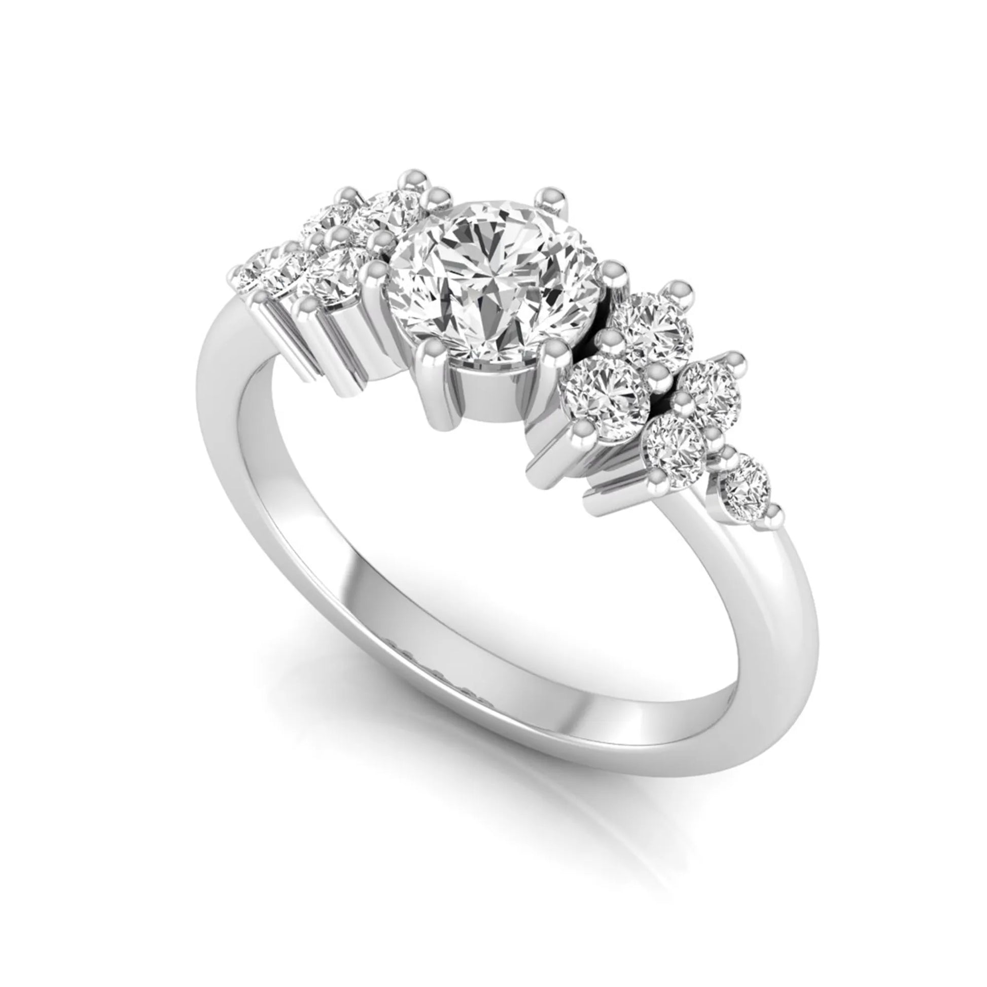 Round cut lab grown diamond engagement ring featuring a brilliant center diamond with floral-inspired round diamond cluster side accents in a classic prong setting in white gold