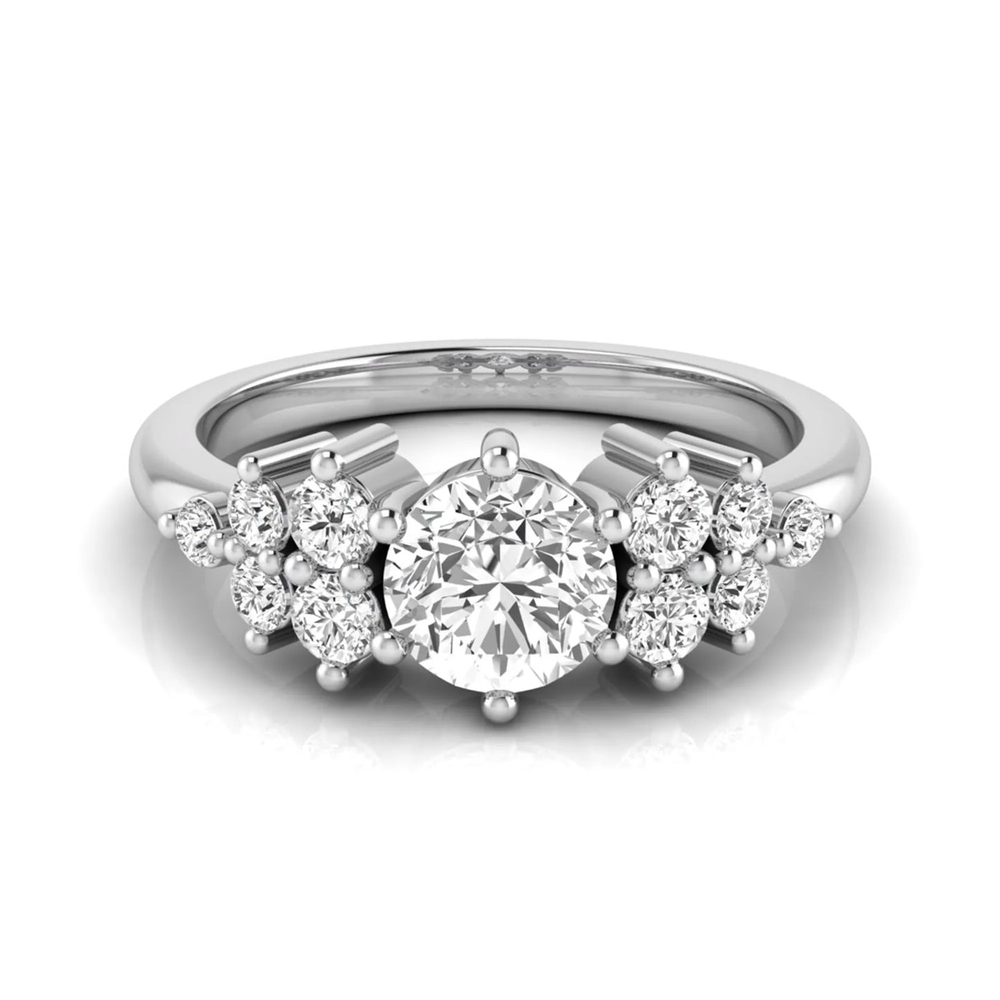Round cut lab grown diamond engagement ring featuring a brilliant center diamond with floral-inspired round diamond cluster side accents in a classic prong setting in white gold