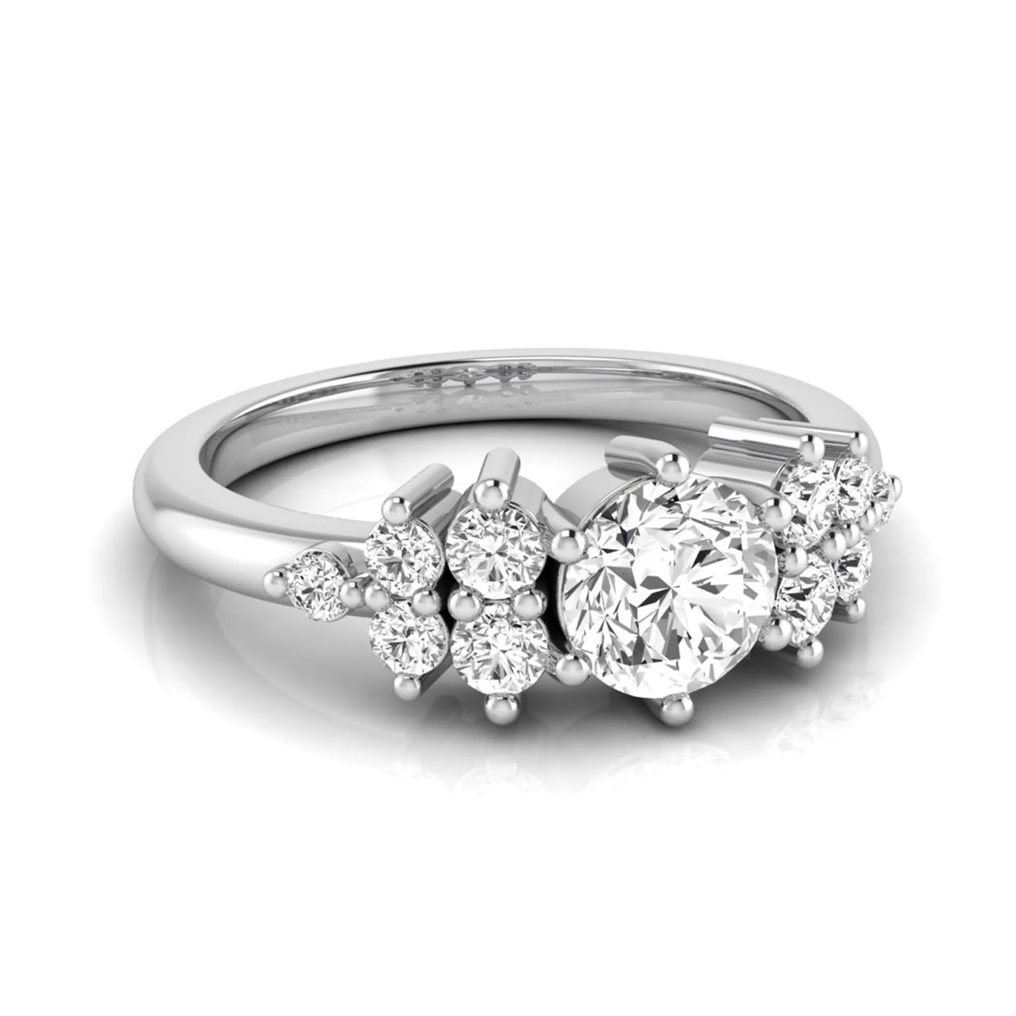 Round cut lab grown diamond engagement ring featuring a brilliant center diamond with floral-inspired round diamond cluster side accents in a classic prong setting in white gold