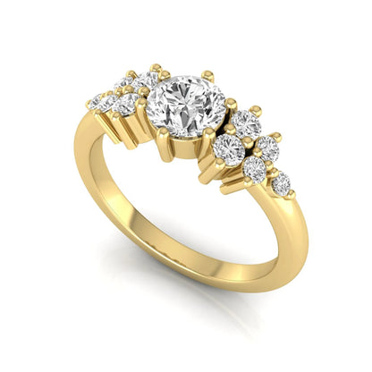Round cut lab grown diamond engagement ring featuring a brilliant center diamond with floral-inspired round diamond cluster side accents in a classic prong setting in yellow gold