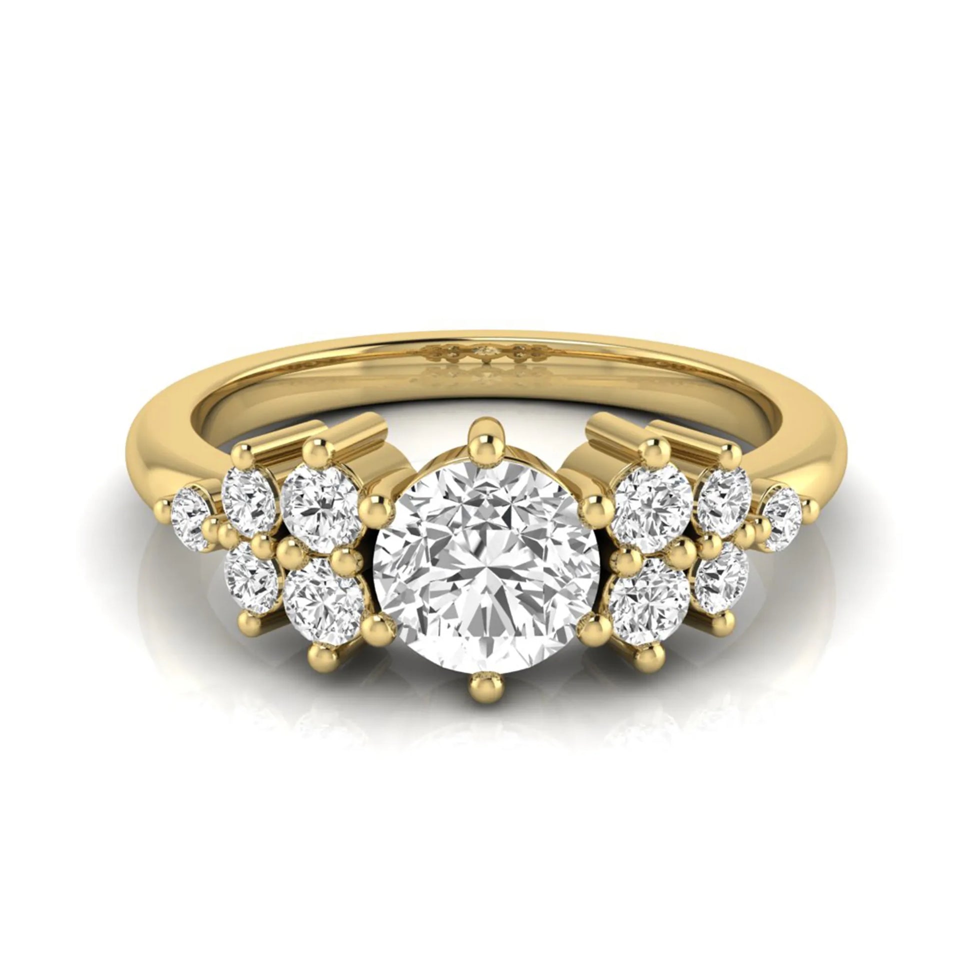 Round cut lab grown diamond engagement ring featuring a brilliant center diamond with floral-inspired round diamond cluster side accents in a classic prong setting in yellow gold