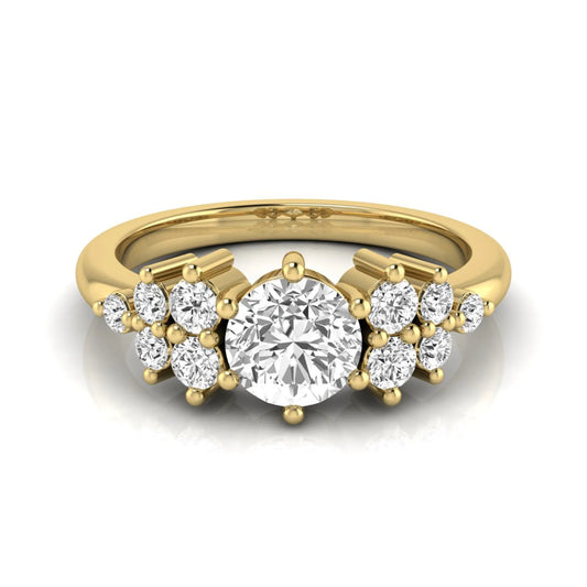 Round cut lab grown diamond engagement ring featuring a brilliant center diamond with floral-inspired round diamond cluster side accents in a classic prong setting in yellow gold