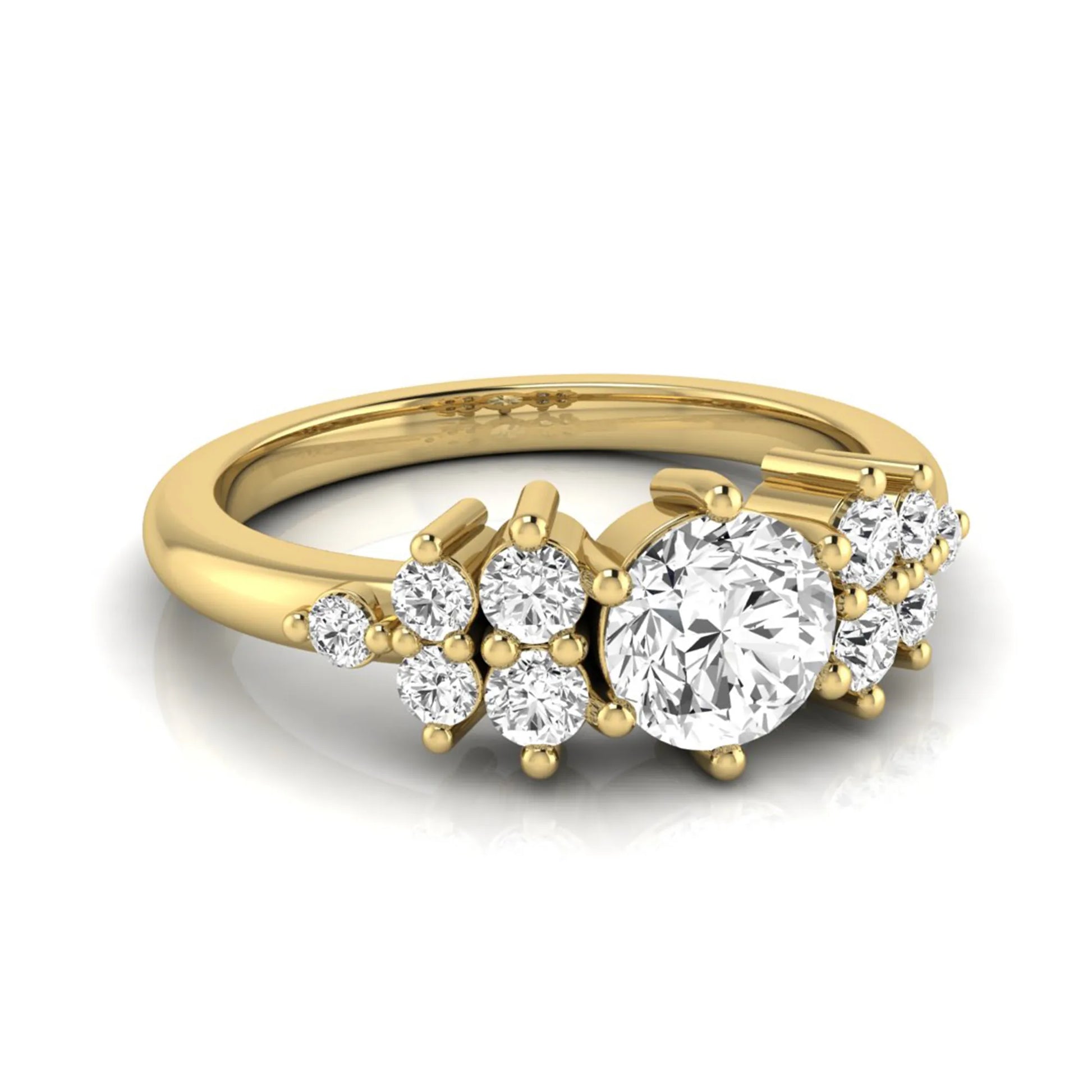 Round cut lab grown diamond engagement ring featuring a brilliant center diamond with floral-inspired round diamond cluster side accents in a classic prong setting in yellow gold