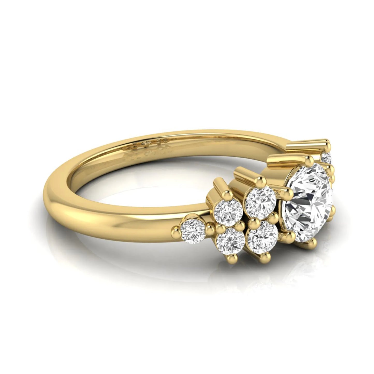 Round cut lab grown diamond engagement ring featuring a brilliant center diamond with floral-inspired round diamond cluster side accents in a classic prong setting in yellow gold