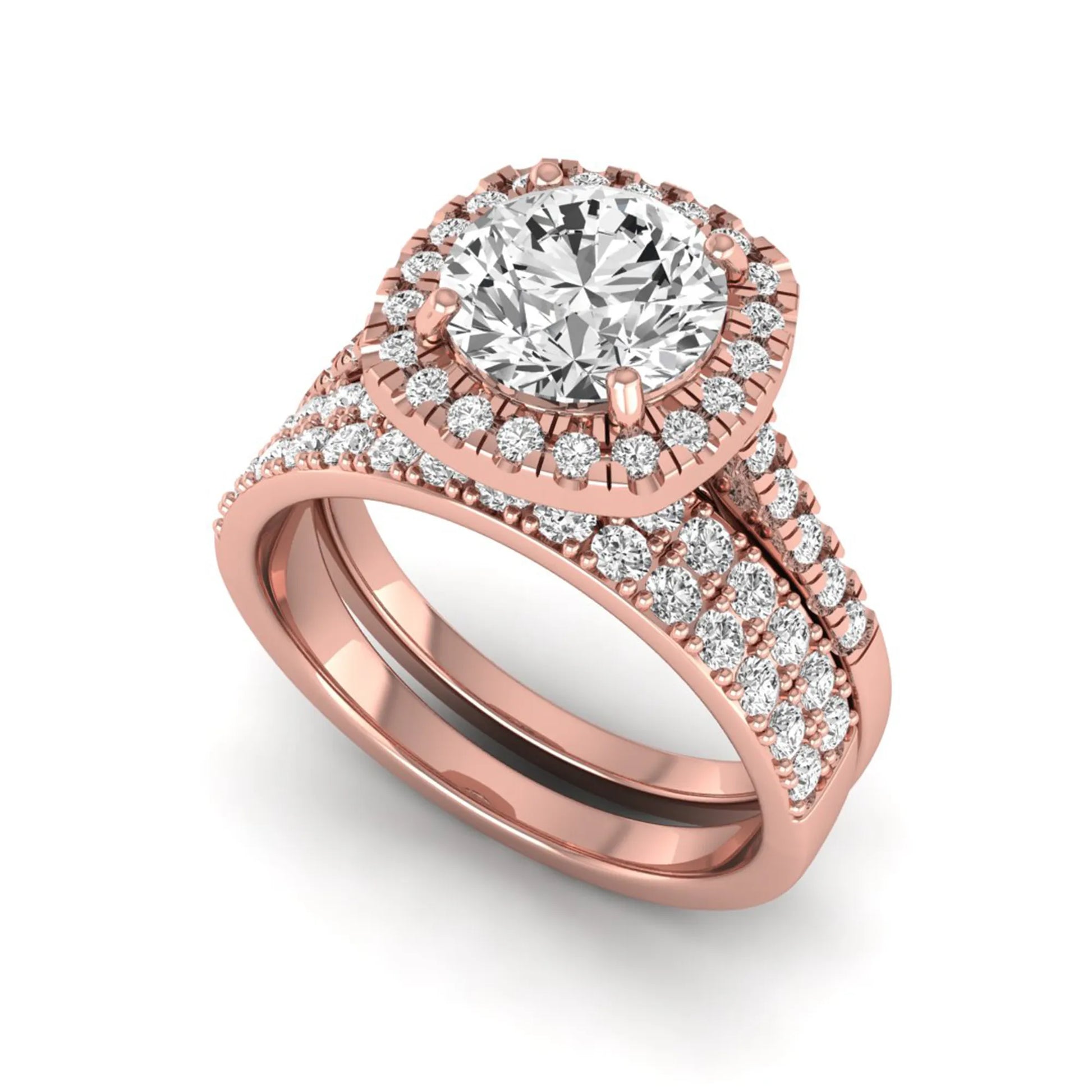 Round Cushion Halo Bridal Ring Set featuring an 8.00 mm round lab grown diamond with a cushion-shaped halo, pavé engagement ring, and matching pavé wedding band in rose gold