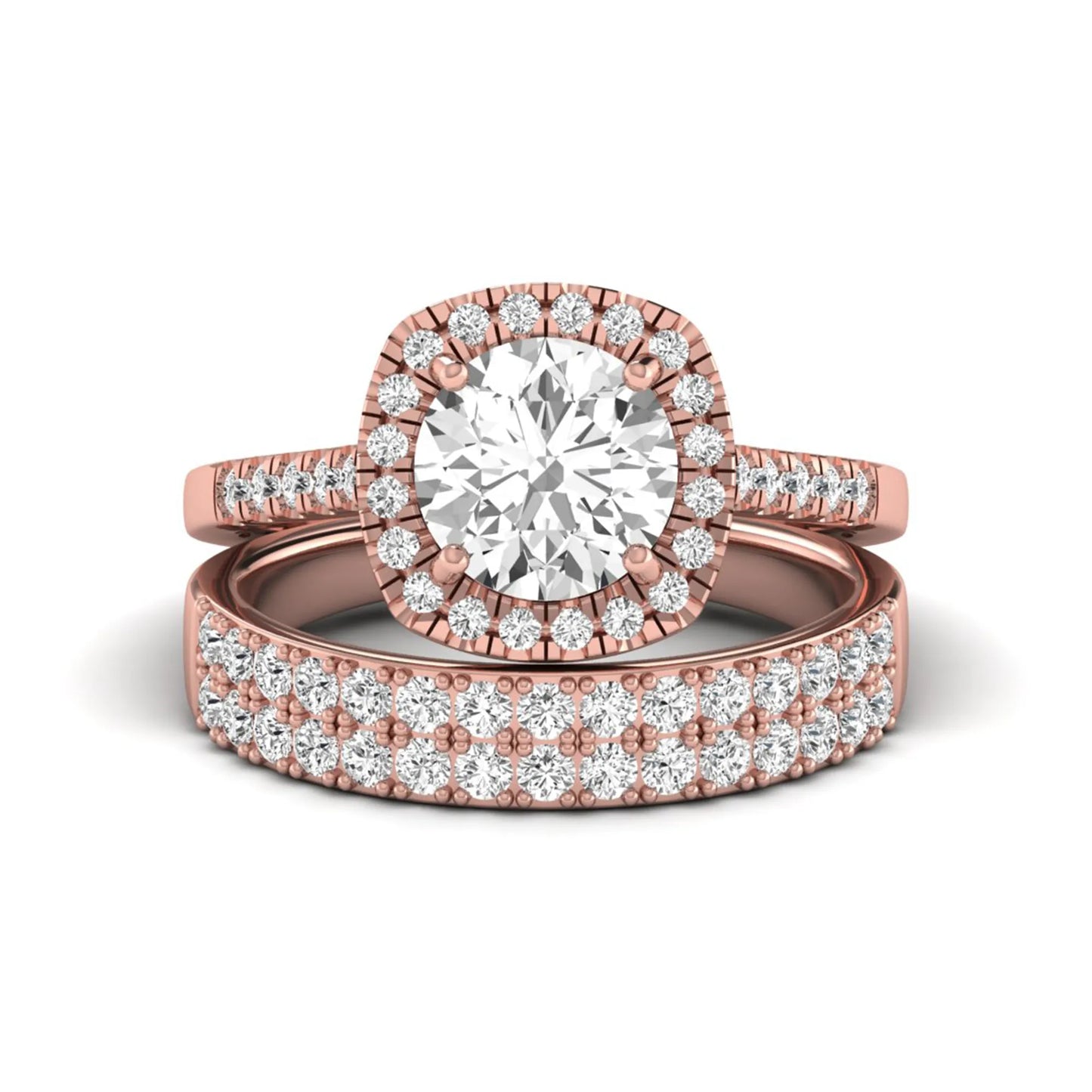 Round Cushion Halo Bridal Ring Set featuring an 8.00 mm round lab grown diamond with a cushion-shaped halo, pavé engagement ring, and matching pavé wedding band in rose gold