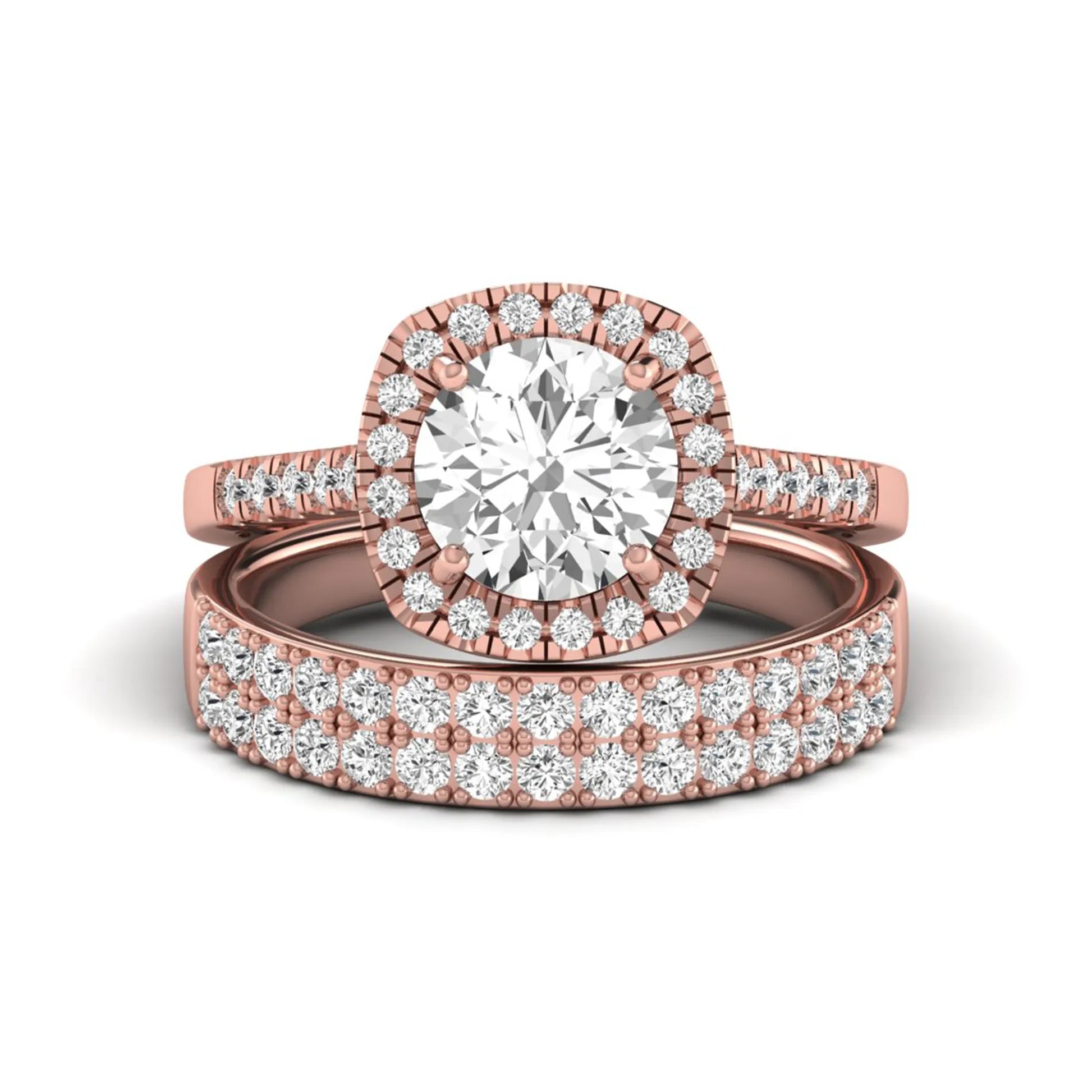 Round Cushion Halo Bridal Ring Set featuring an 8.00 mm round lab grown diamond with a cushion-shaped halo, pavé engagement ring, and matching pavé wedding band in rose gold