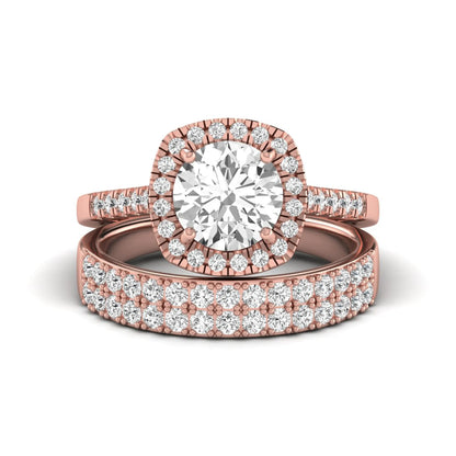 Round Cushion Halo Bridal Ring Set featuring an 8.00 mm round lab grown diamond with a cushion-shaped halo, pavé engagement ring, and matching pavé wedding band in rose gold
