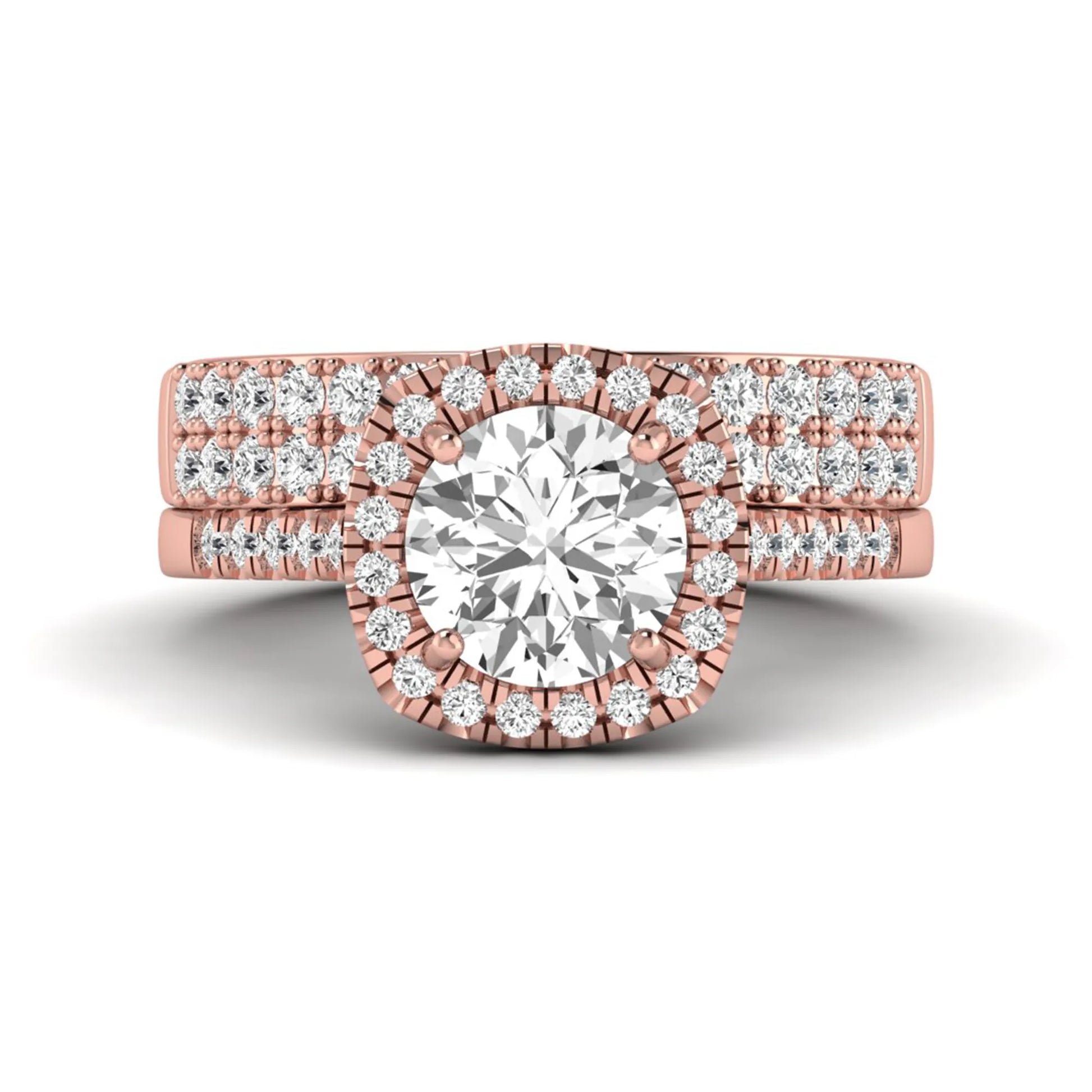 Round Cushion Halo Bridal Ring Set featuring an 8.00 mm round lab grown diamond with a cushion-shaped halo, pavé engagement ring, and matching pavé wedding band in rose gold