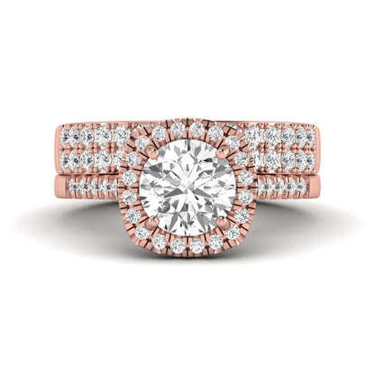 Round Cushion Halo Bridal Ring Set featuring an 8.00 mm round lab grown diamond with a cushion-shaped halo, pavé engagement ring, and matching pavé wedding band in rose gold