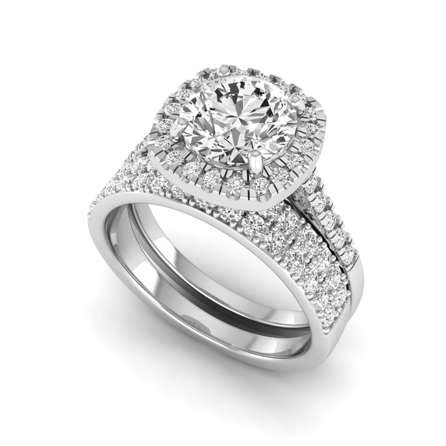 Round Cushion Halo Bridal Ring Set featuring an 8.00 mm round lab grown diamond with a cushion-shaped halo, pavé engagement ring, and matching pavé wedding band in white gold