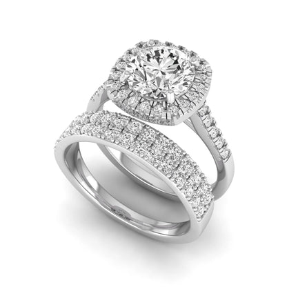 Round Cushion Halo Bridal Ring Set featuring an 8.00 mm round lab grown diamond with a cushion-shaped halo, pavé engagement ring, and matching pavé wedding band in white gold