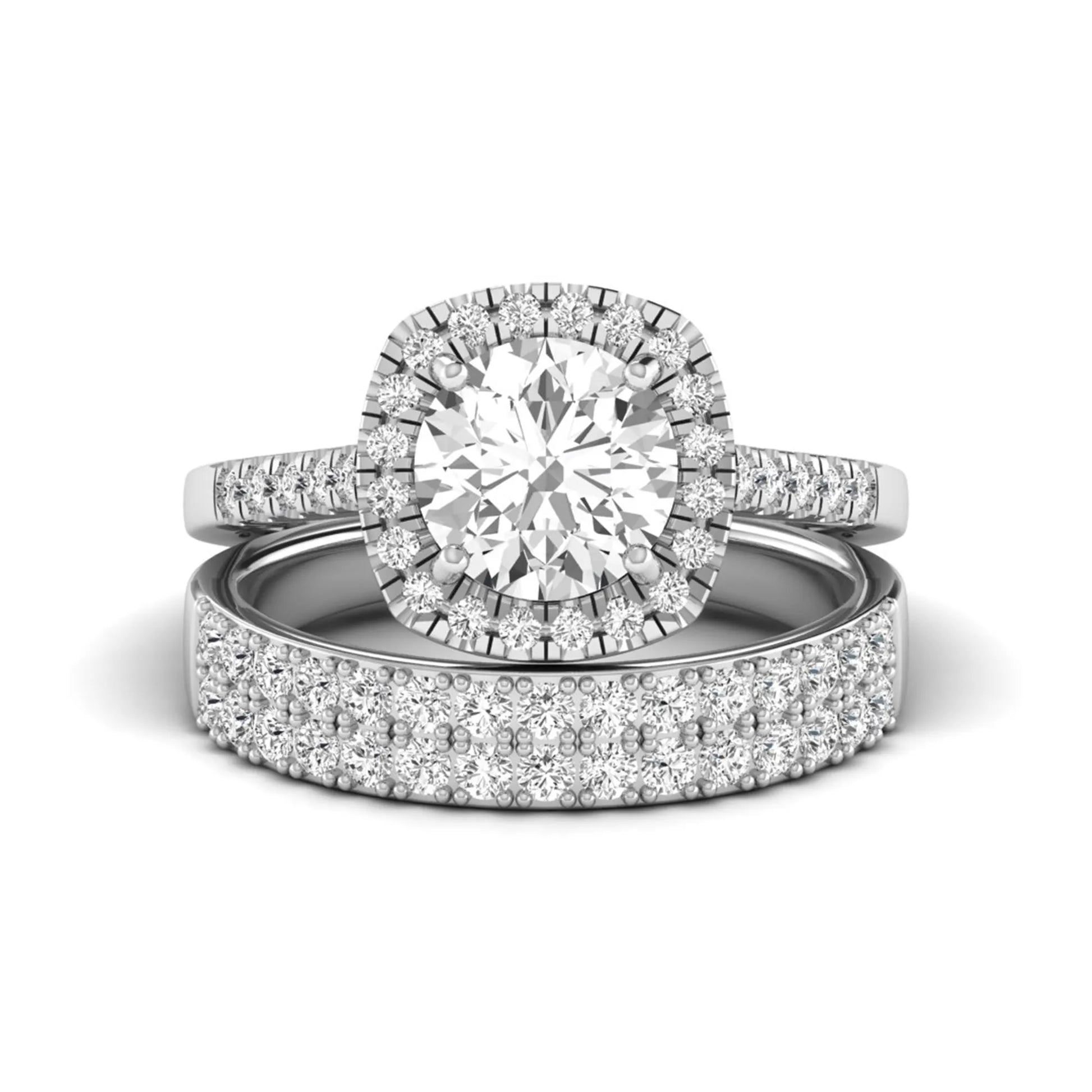 Round Cushion Halo Bridal Ring Set featuring an 8.00 mm round lab grown diamond with a cushion-shaped halo, pavé engagement ring, and matching pavé wedding band in white gold