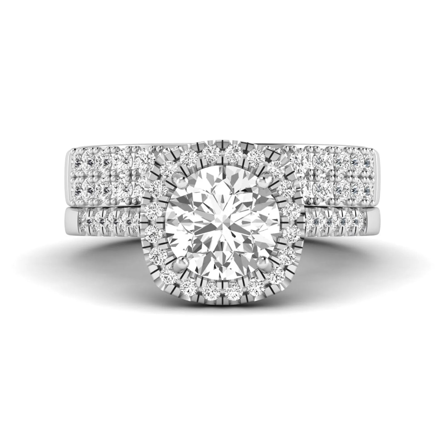 Round Cushion Halo Bridal Ring Set featuring an 8.00 mm round lab grown diamond with a cushion-shaped halo, pavé engagement ring, and matching pavé wedding band in white gold