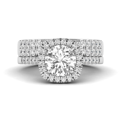 Round Cushion Halo Bridal Ring Set featuring an 8.00 mm round lab grown diamond with a cushion-shaped halo, pavé engagement ring, and matching pavé wedding band in white gold