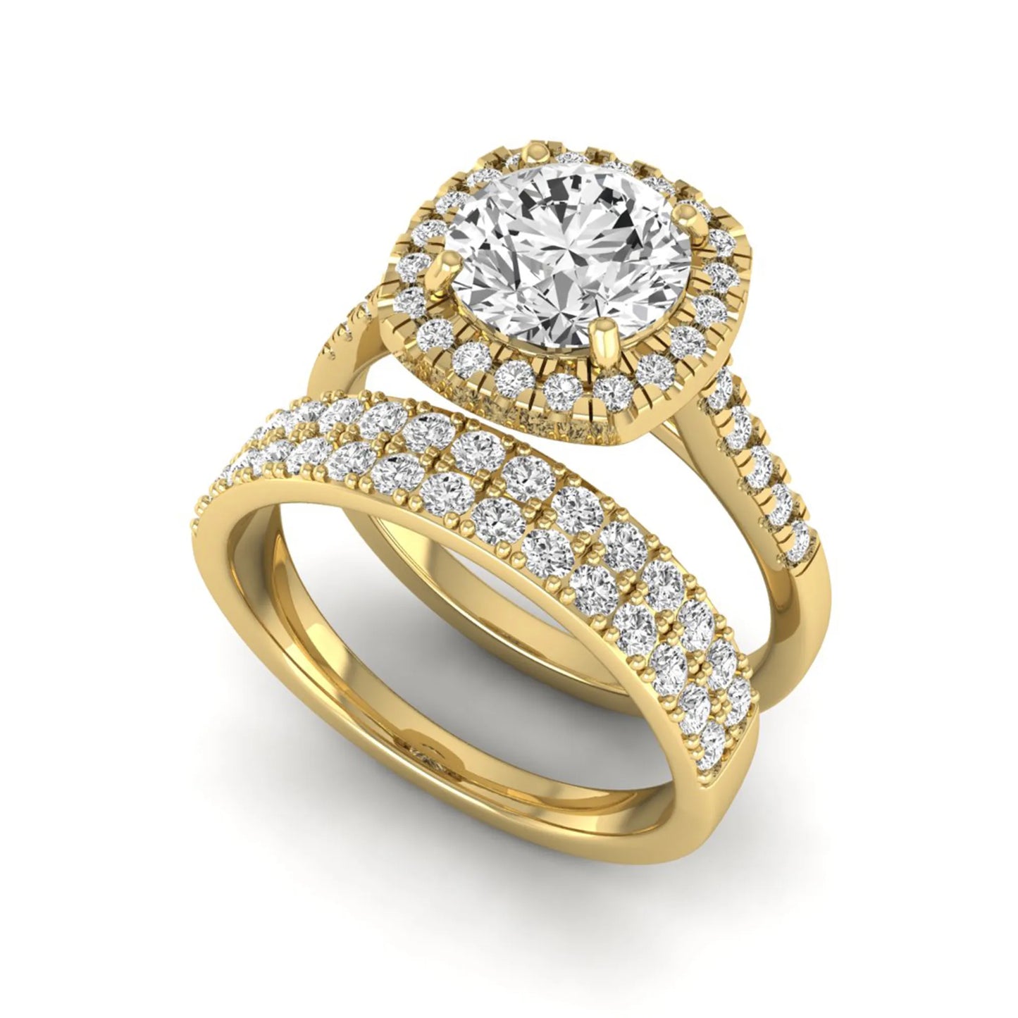Round Cushion Halo Bridal Ring Set featuring an 8.00 mm round lab grown diamond with a cushion-shaped halo, pavé engagement ring, and matching pavé wedding band in yellow gold