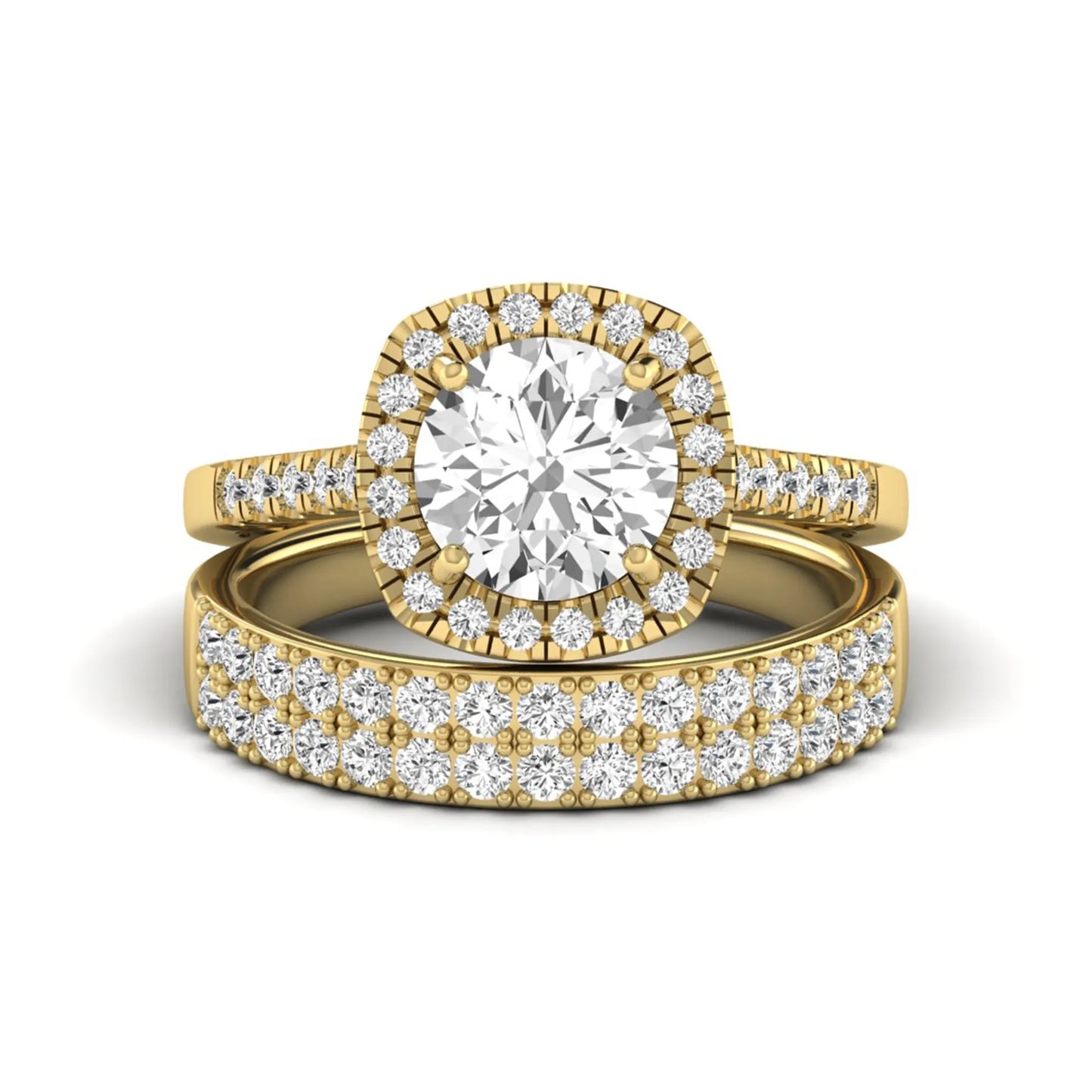 Round Cushion Halo Bridal Ring Set featuring an 8.00 mm round lab grown diamond with a cushion-shaped halo, pavé engagement ring, and matching pavé wedding band in yellow gold