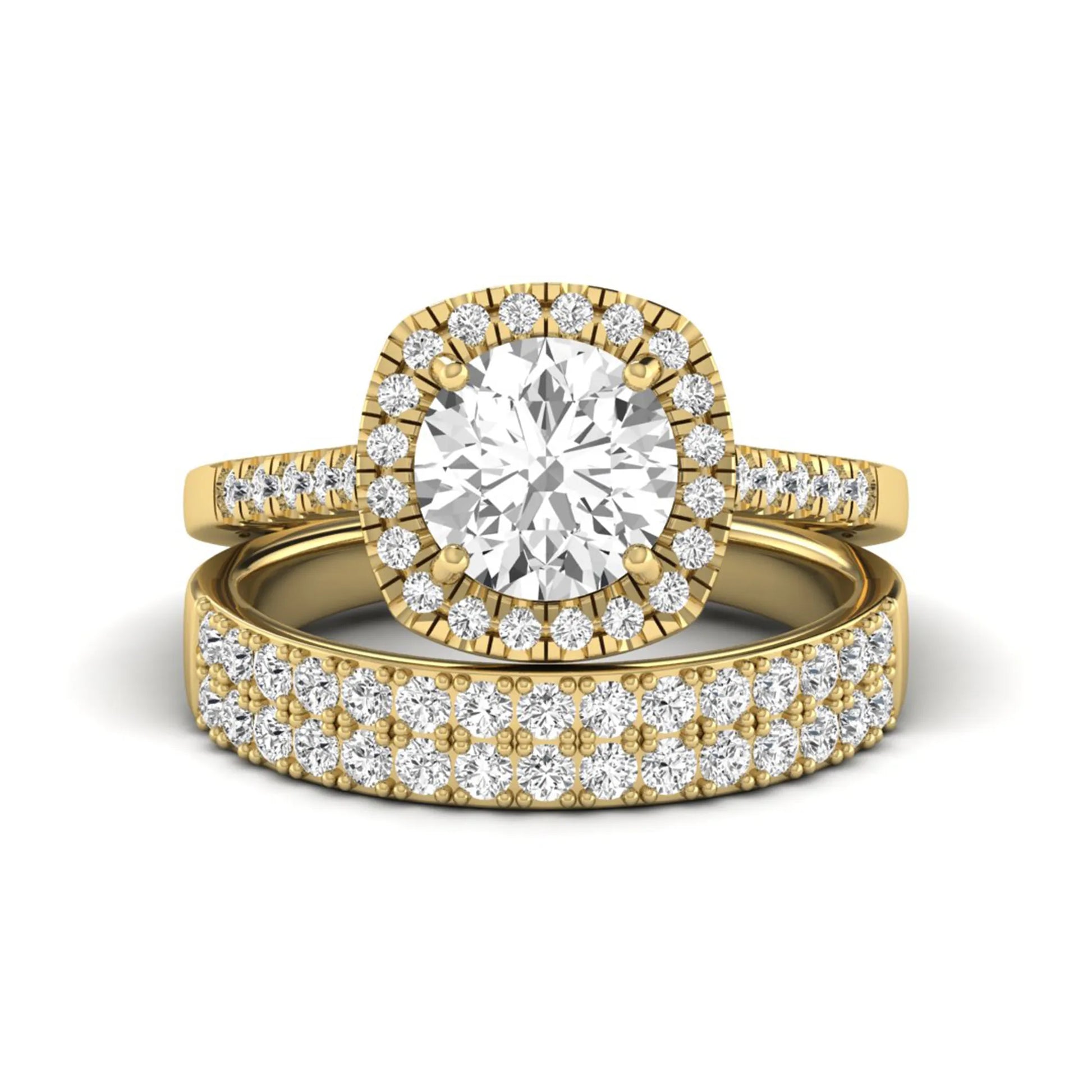 Round Cushion Halo Bridal Ring Set featuring an 8.00 mm round lab grown diamond with a cushion-shaped halo, pavé engagement ring, and matching pavé wedding band in yellow gold