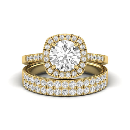 Round Cushion Halo Bridal Ring Set featuring an 8.00 mm round lab grown diamond with a cushion-shaped halo, pavé engagement ring, and matching pavé wedding band in yellow gold