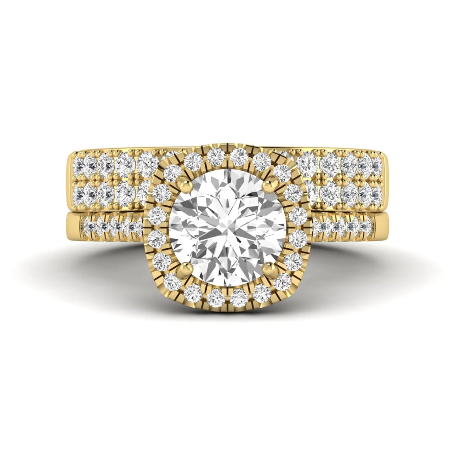 Round Cushion Halo Bridal Ring Set featuring an 8.00 mm round lab grown diamond with a cushion-shaped halo, pavé engagement ring, and matching pavé wedding band in yellow gold