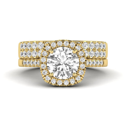 Round Cushion Halo Bridal Ring Set featuring an 8.00 mm round lab grown diamond with a cushion-shaped halo, pavé engagement ring, and matching pavé wedding band in yellow gold