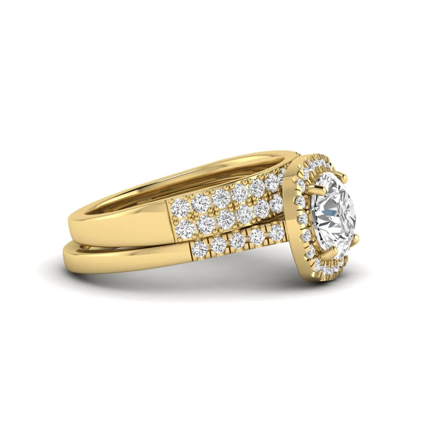 Round Cushion Halo Bridal Ring Set featuring an 8.00 mm round lab grown diamond with a cushion-shaped halo, pavé engagement ring, and matching pavé wedding band in yellow gold