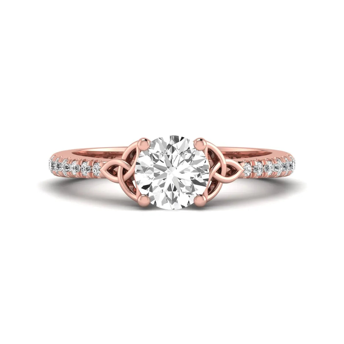 Round Cut Celtic Knot Solitaire Lab Grown Diamond Engagement Ring featuring a 6.50 mm IGI Certified round brilliant diamond, Celtic Trinity Knot gallery, pavé diamond band, and polished rose gold finish.