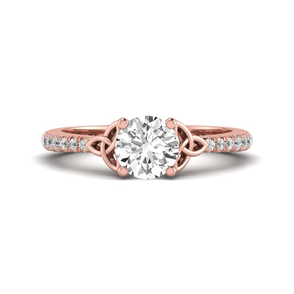 Round Cut Celtic Knot Solitaire Lab Grown Diamond Engagement Ring featuring a 6.50 mm IGI Certified round brilliant diamond, Celtic Trinity Knot gallery, pavé diamond band, and polished rose gold finish.