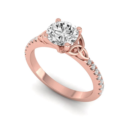 Round Cut Celtic Knot Solitaire Lab Grown Diamond Engagement Ring featuring a 6.50 mm IGI Certified round brilliant diamond, Celtic Trinity Knot gallery, pavé diamond band, and polished rose gold finish.