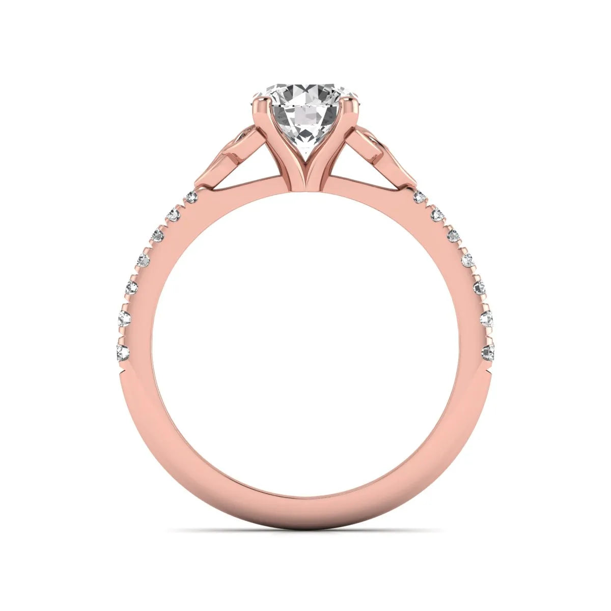Round Cut Celtic Knot Solitaire Lab Grown Diamond Engagement Ring featuring a 6.50 mm IGI Certified round brilliant diamond, Celtic Trinity Knot gallery, pavé diamond band, and polished rose gold finish.