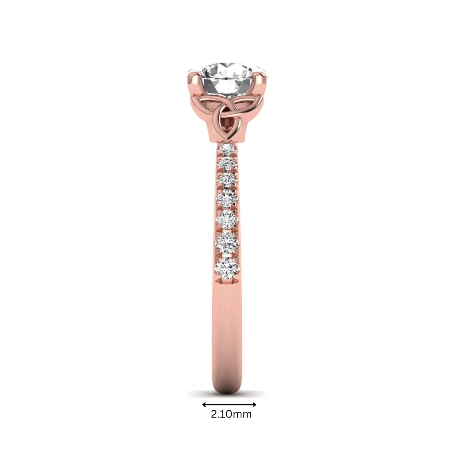 Round Cut Celtic Knot Solitaire Lab Grown Diamond Engagement Ring featuring a 6.50 mm IGI Certified round brilliant diamond, Celtic Trinity Knot gallery, pavé diamond band, and polished rose gold finish.