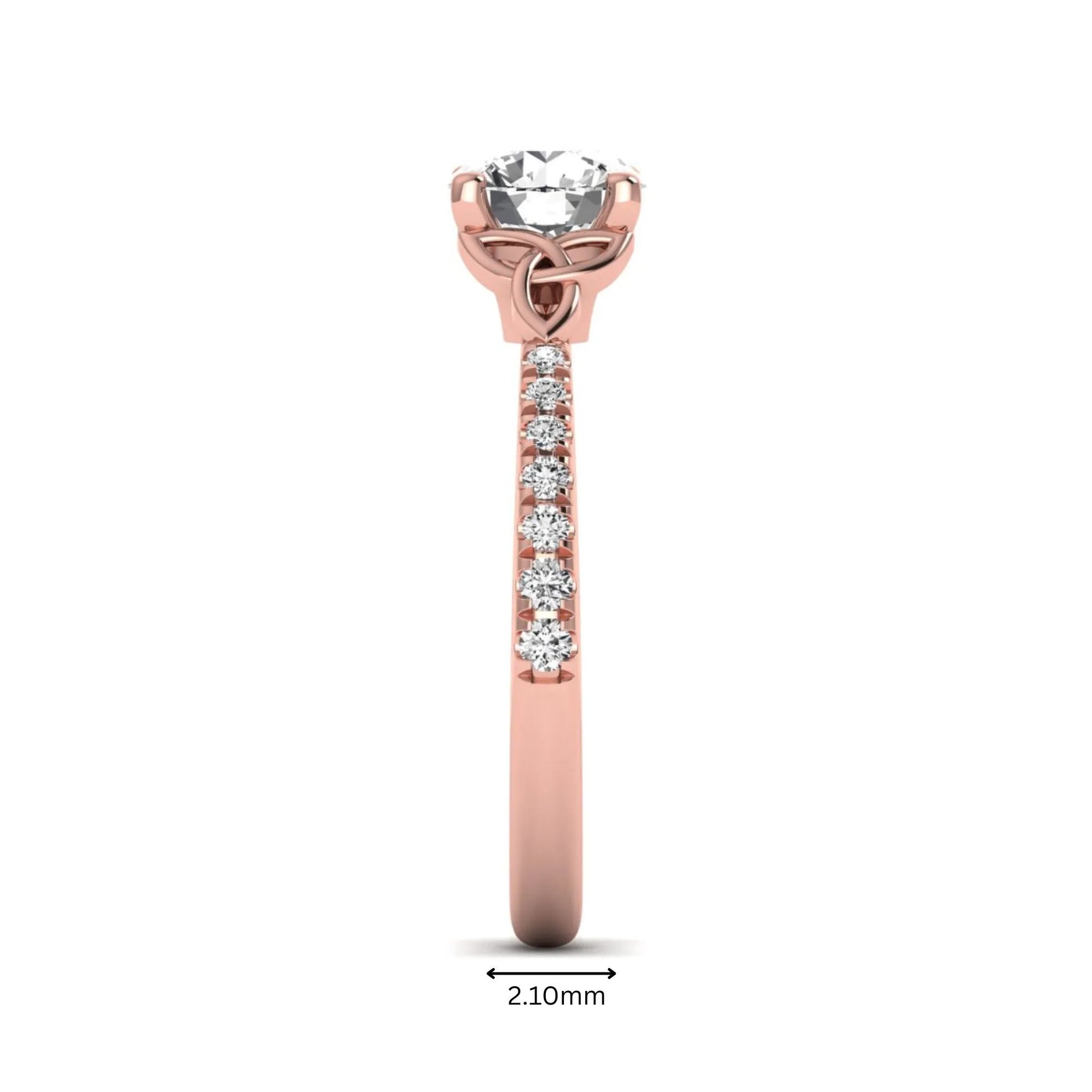 Round Cut Celtic Knot Solitaire Lab Grown Diamond Engagement Ring featuring a 6.50 mm IGI Certified round brilliant diamond, Celtic Trinity Knot gallery, pavé diamond band, and polished rose gold finish.