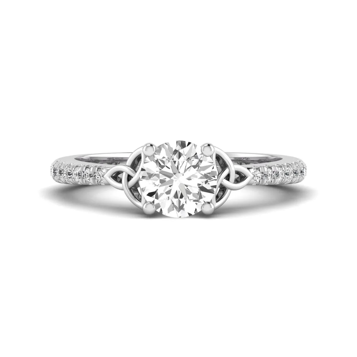 Round Cut Celtic Knot Solitaire Lab Grown Diamond Engagement Ring featuring a 6.50 mm IGI Certified round brilliant diamond, Celtic Trinity Knot gallery, pavé diamond band, and polished white gold finish.