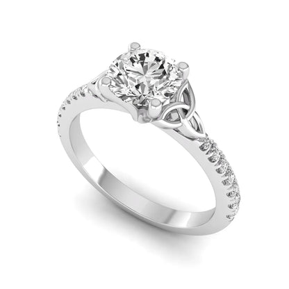 Round Cut Celtic Knot Solitaire Lab Grown Diamond Engagement Ring featuring a 6.50 mm IGI Certified round brilliant diamond, Celtic Trinity Knot gallery, pavé diamond band, and polished white gold finish.