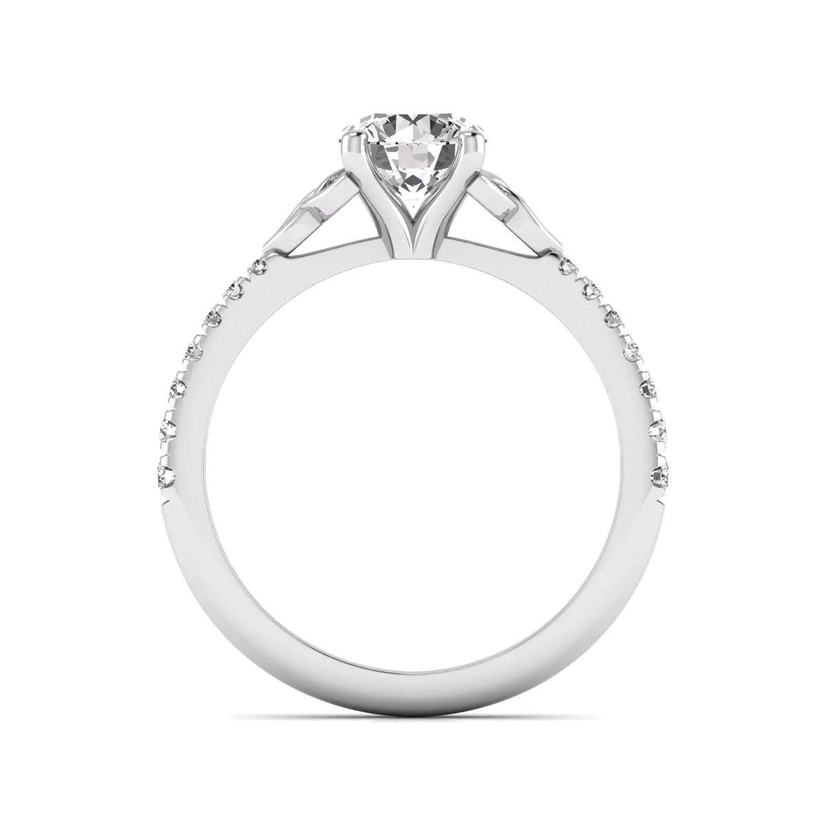 Round Cut Celtic Knot Solitaire Lab Grown Diamond Engagement Ring featuring a 6.50 mm IGI Certified round brilliant diamond, Celtic Trinity Knot gallery, pavé diamond band, and polished white gold finish.