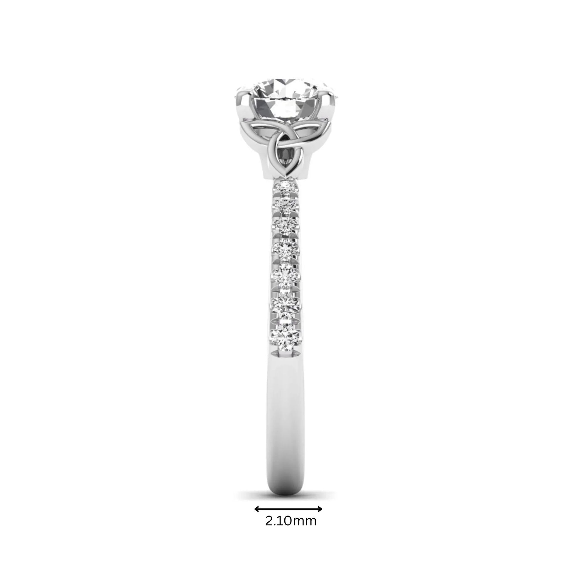 Round Cut Celtic Knot Solitaire Lab Grown Diamond Engagement Ring featuring a 6.50 mm IGI Certified round brilliant diamond, Celtic Trinity Knot gallery, pavé diamond band, and polished white gold finish.