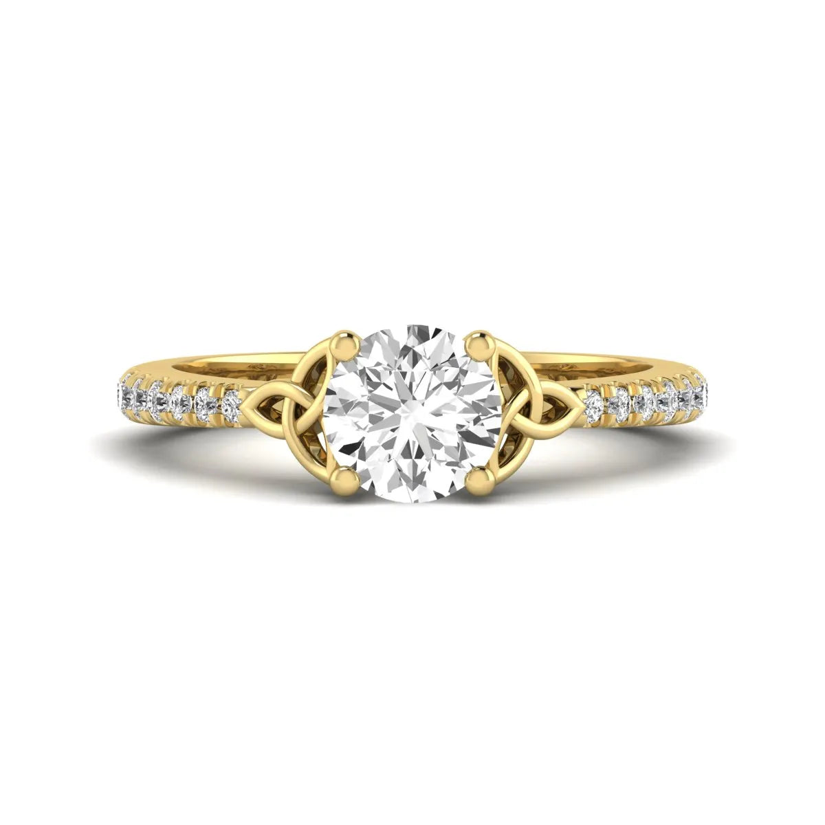 Round Cut Celtic Knot Solitaire Lab Grown Diamond Engagement Ring featuring a 6.50 mm IGI Certified round brilliant diamond, Celtic Trinity Knot gallery, pavé diamond band, and polished yellow gold finish.