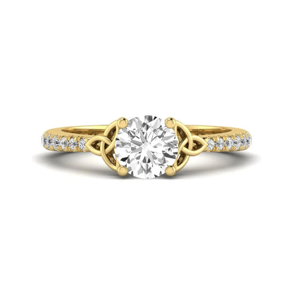 Round Cut Celtic Knot Solitaire Lab Grown Diamond Engagement Ring featuring a 6.50 mm IGI Certified round brilliant diamond, Celtic Trinity Knot gallery, pavé diamond band, and polished yellow gold finish.