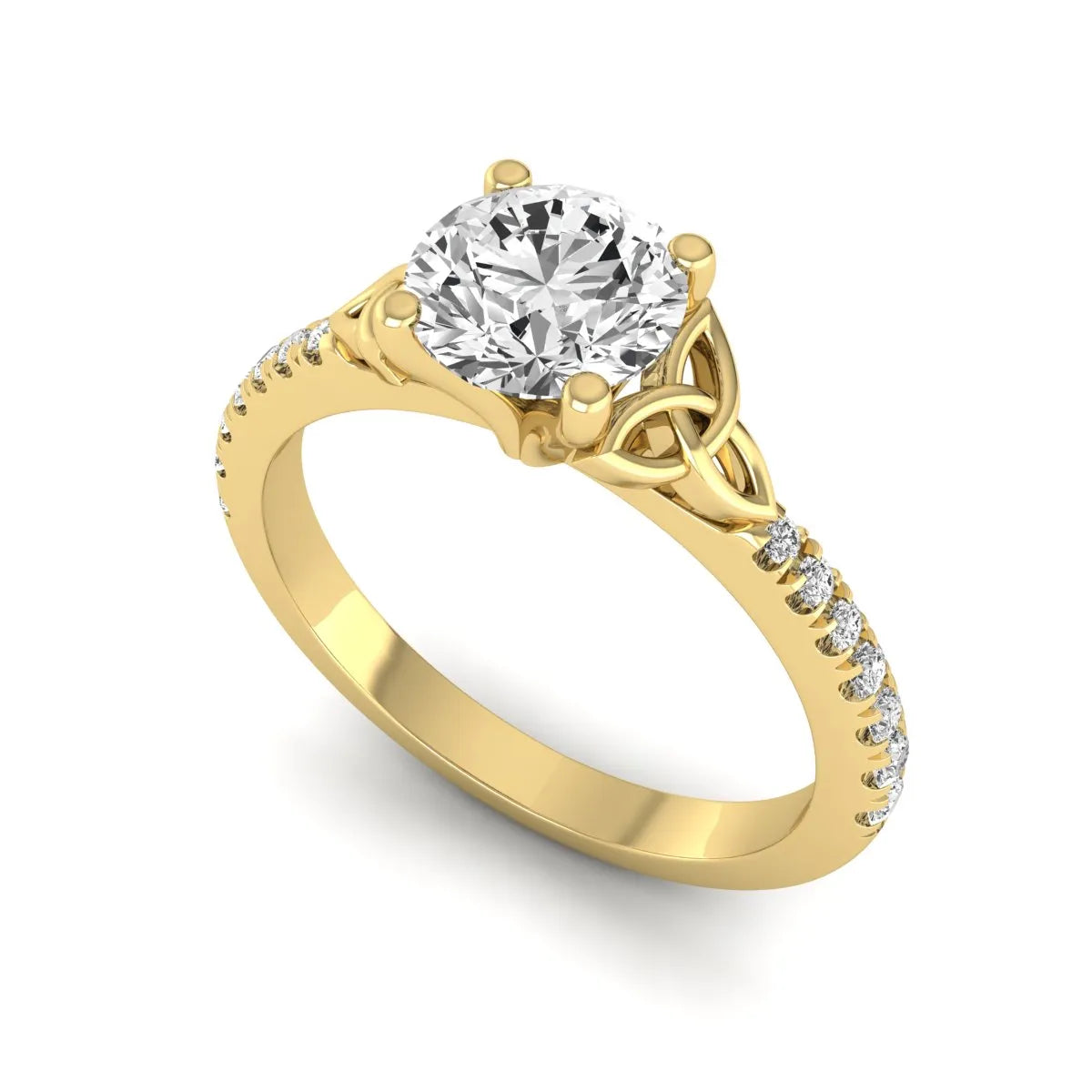 Round Cut Celtic Knot Solitaire Lab Grown Diamond Engagement Ring featuring a 6.50 mm IGI Certified round brilliant diamond, Celtic Trinity Knot gallery, pavé diamond band, and polished yellow gold finish.