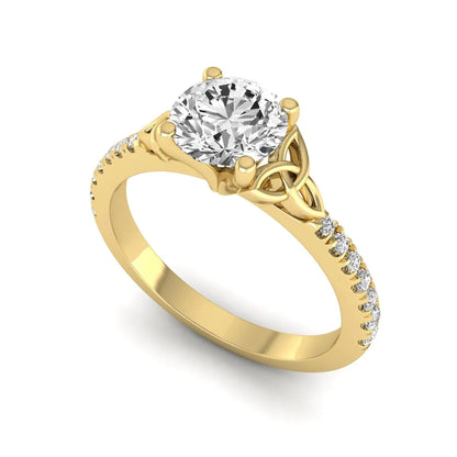 Round Cut Celtic Knot Solitaire Lab Grown Diamond Engagement Ring featuring a 6.50 mm IGI Certified round brilliant diamond, Celtic Trinity Knot gallery, pavé diamond band, and polished yellow gold finish.