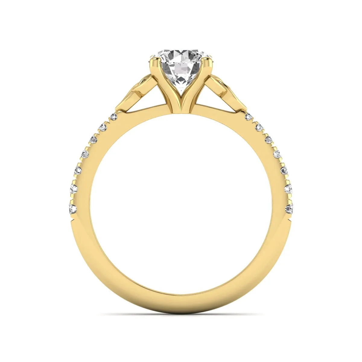 Round Cut Celtic Knot Solitaire Lab Grown Diamond Engagement Ring featuring a 6.50 mm IGI Certified round brilliant diamond, Celtic Trinity Knot gallery, pavé diamond band, and polished yellow gold finish.