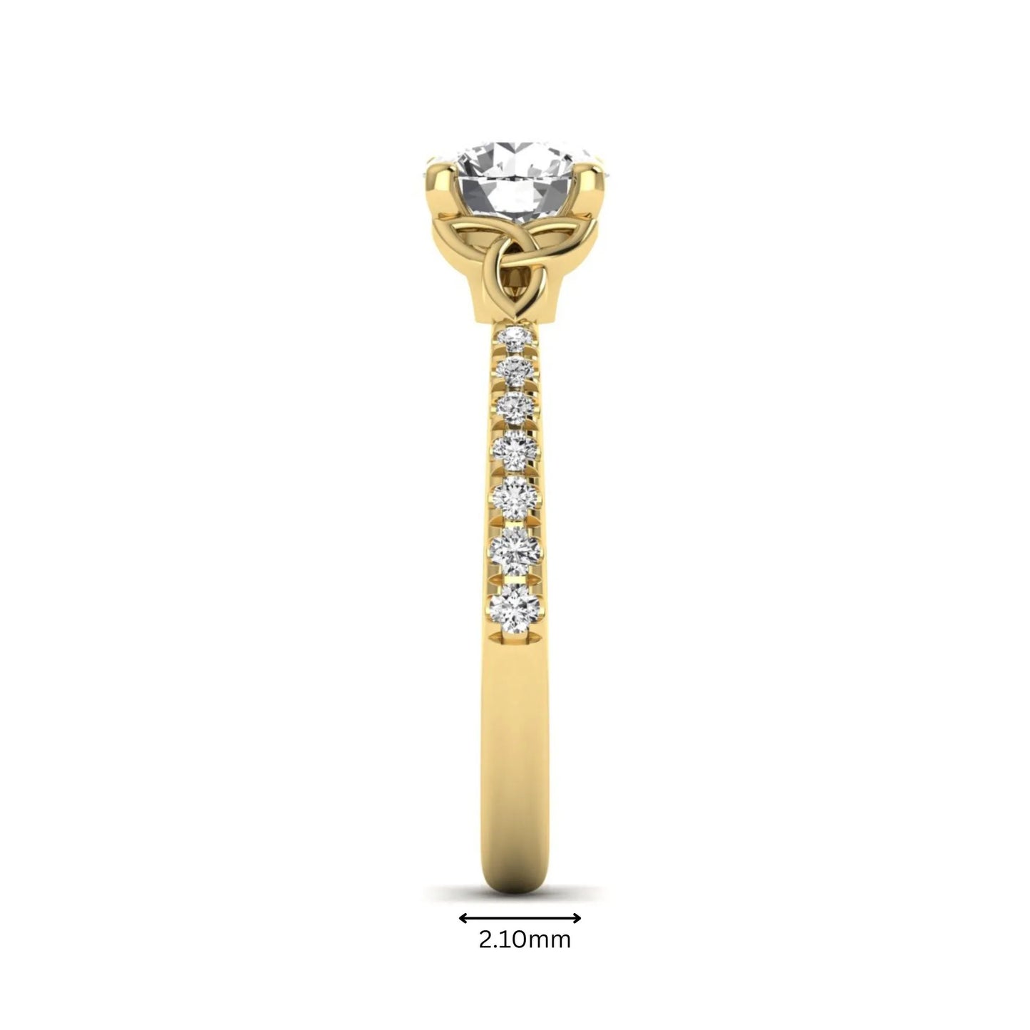 Round Cut Celtic Knot Solitaire Lab Grown Diamond Engagement Ring featuring a 6.50 mm IGI Certified round brilliant diamond, Celtic Trinity Knot gallery, pavé diamond band, and polished yellow gold finish.